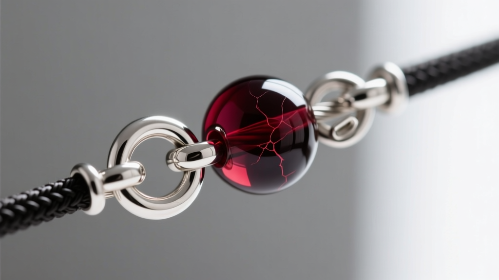 Close-up of a sterling silver lobster clasp attached to a nylon-coated steel wire threading through a dark cranberry glass bead.
