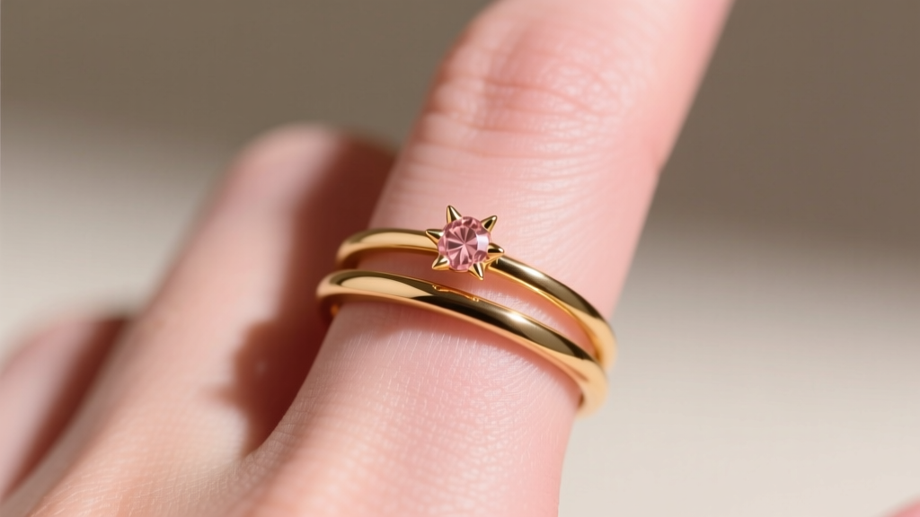 Minimalist stacked ring set featuring one delicate gold band and a single small rose-gold spikes jewelry ring on the pinky finger