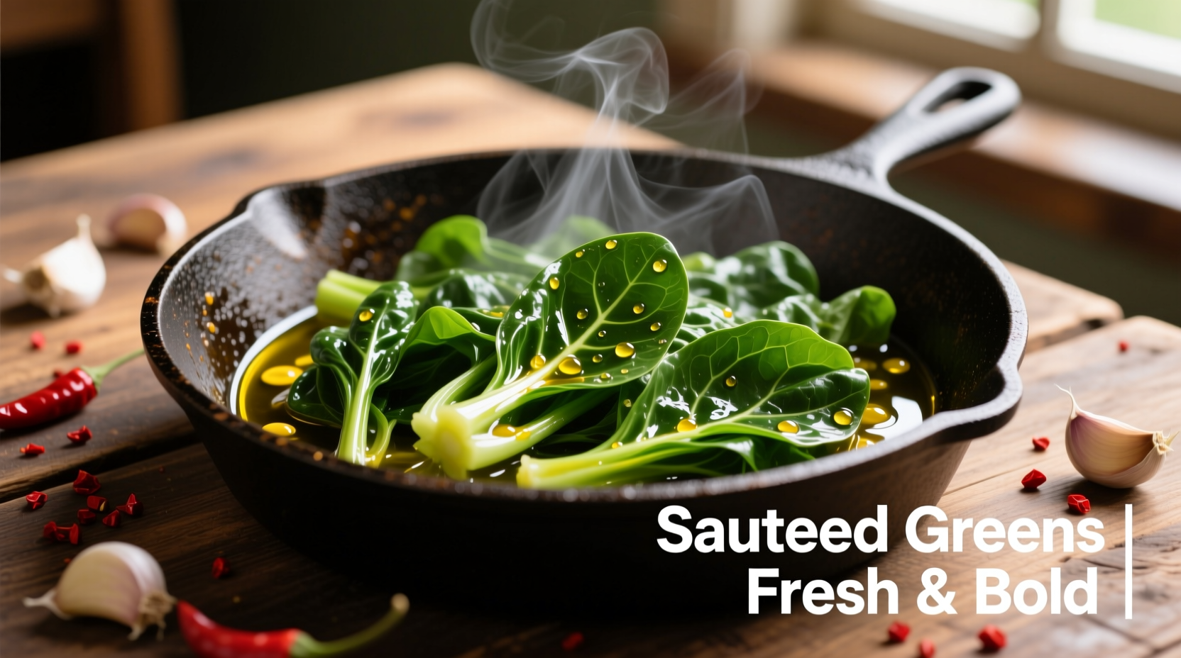 Freshly cooked mustard greens in cast iron skillet