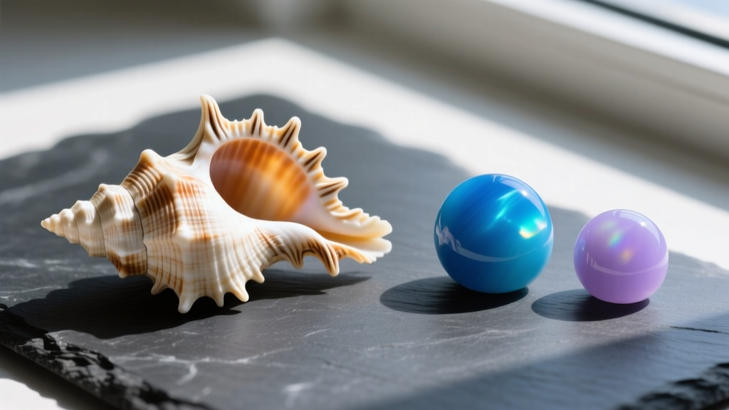 Flat lay comparison of genuine asymmetrical cone snail puka shells next to perfectly round dyed howlite imitations on dark slate.