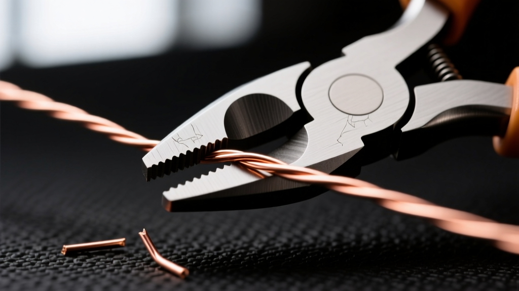 Macro shot of flush cutters snipping 20-gauge copper wire, showing the flat blade side facing the finished piece on a dark mat.