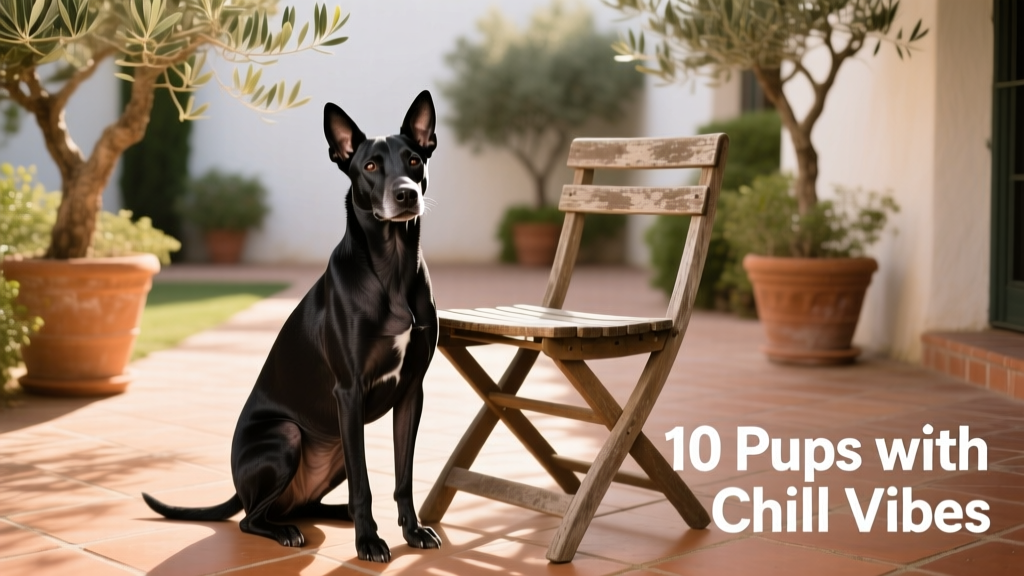 A sleek, calm Xoloitzcuintli sitting quietly beside a sun-dappled patio chair
