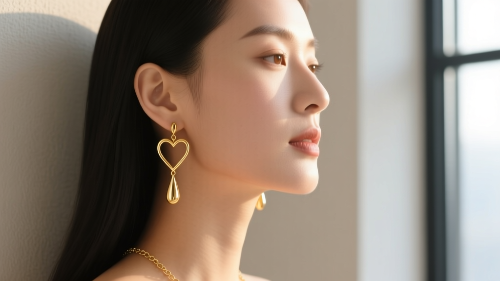Side profile of a woman wearing delicate gold heart drop earrings, showing how the drop length perfectly complements her jawline.