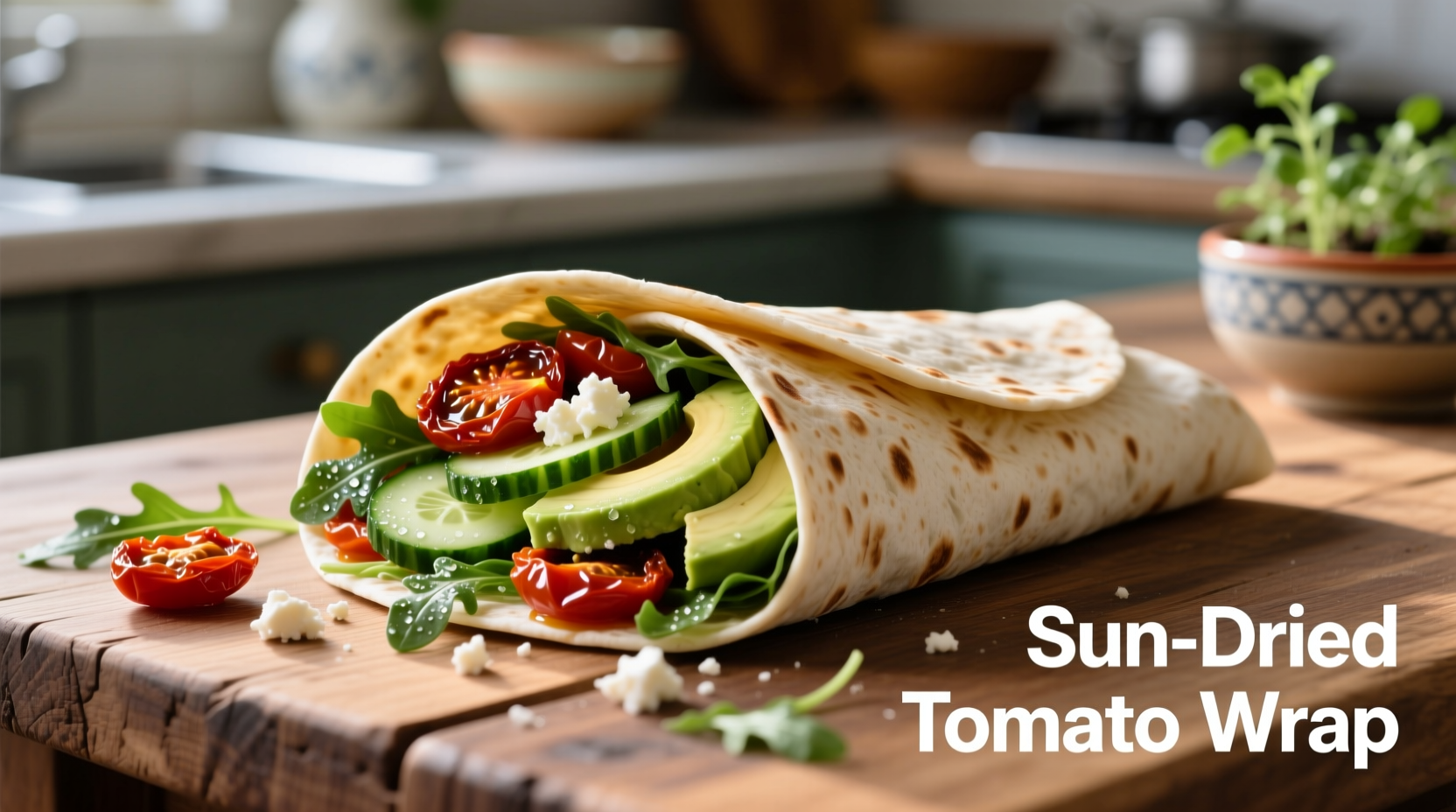 Freshly made sun dried tomato wrap with visible ingredients