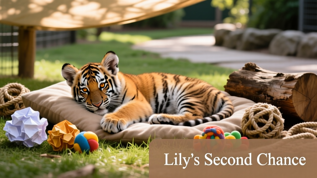 Lily the tiger cub resting peacefully in her enclosure at Oakland Zoo, surrounded by enrichment toys and soft bedding