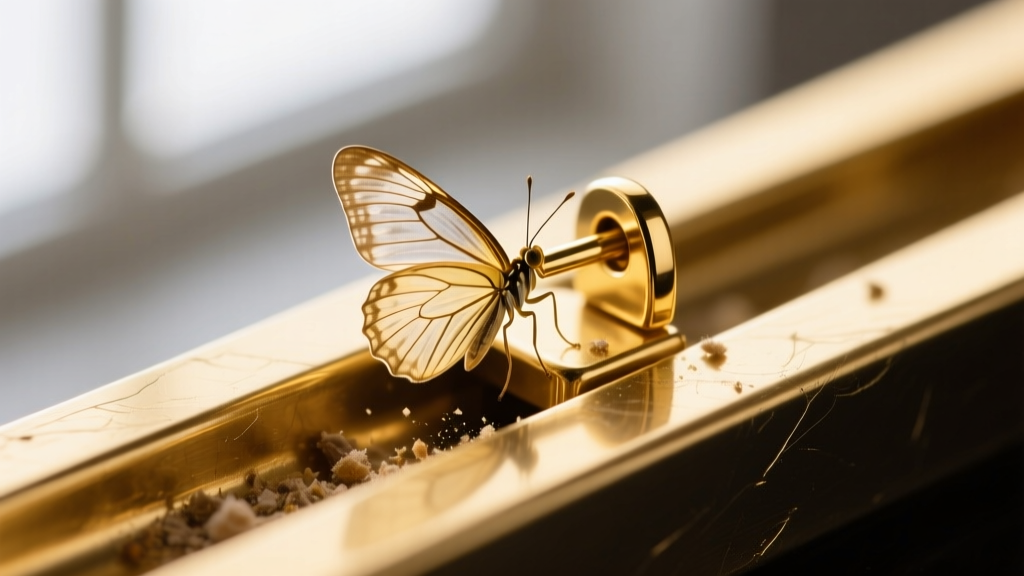 Macro view of a gold earring post with a stuck butterfly back, lit to reveal fine metal scratches and trapped debris in the clutch.
