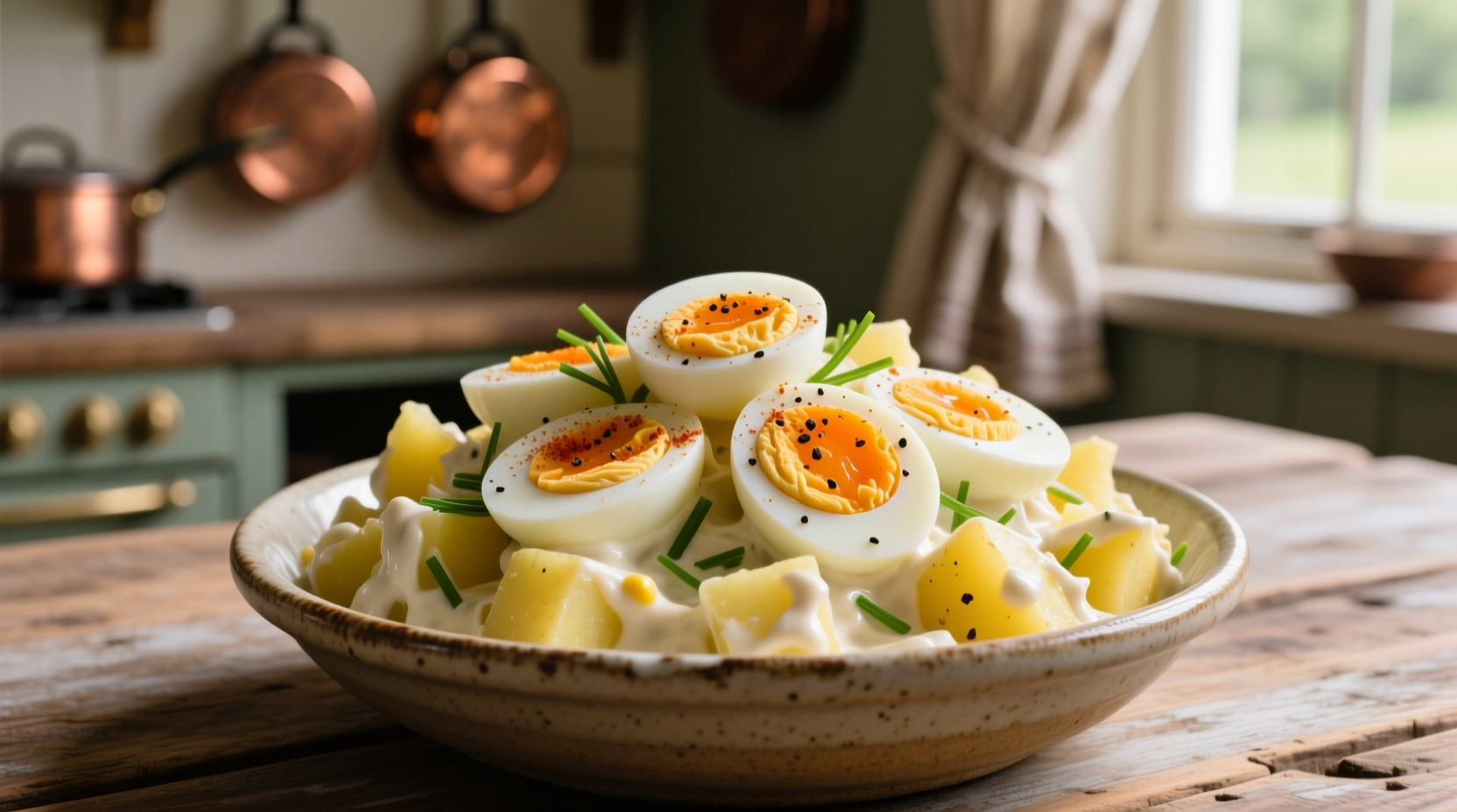 Creamy potato salad with sliced hard boiled eggs