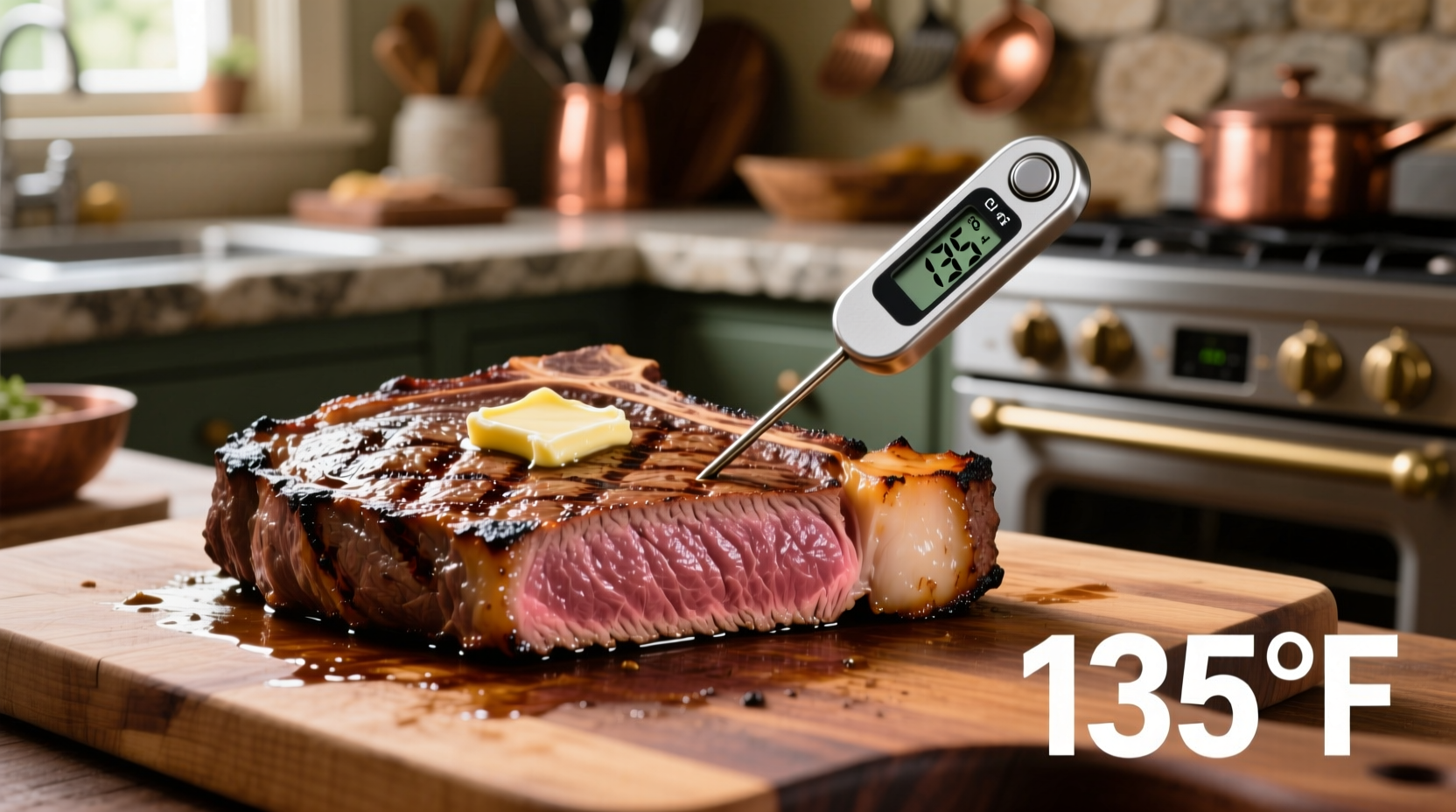 Oven-cooked steak with thermometer showing internal temperature