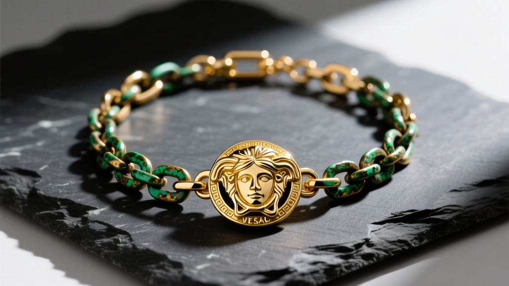 Gold Versace man necklace with Medusa pendant on dark slate, showing green oxidation on the brass chain links.