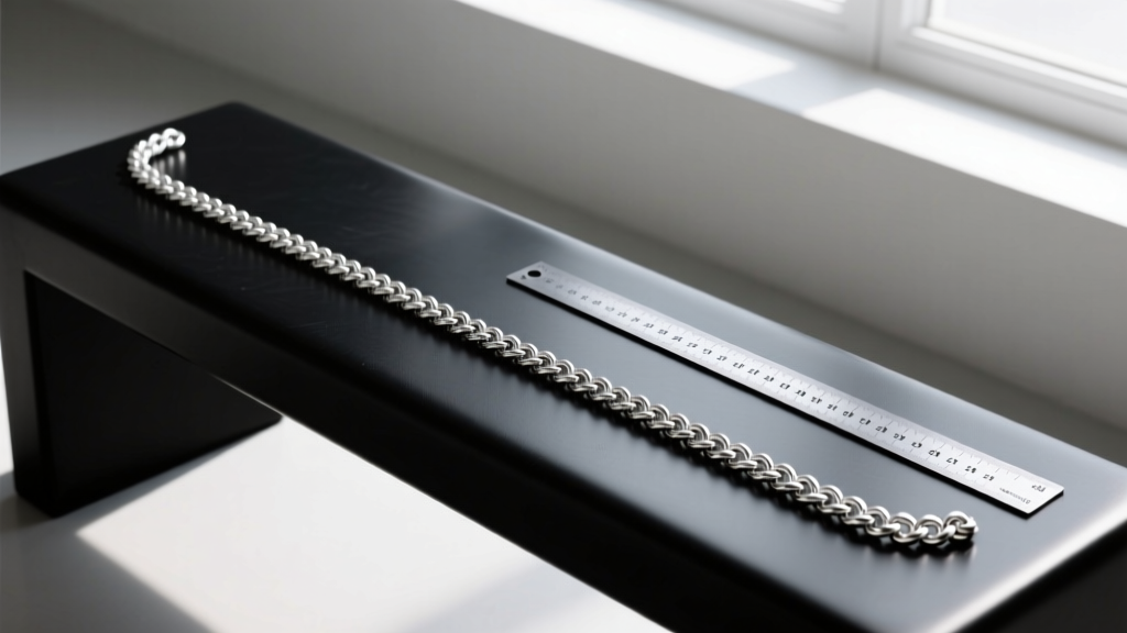 Overhead view of a 24-inch sterling silver rope chain laid perfectly straight on a black rubber bench block next to a steel ruler
