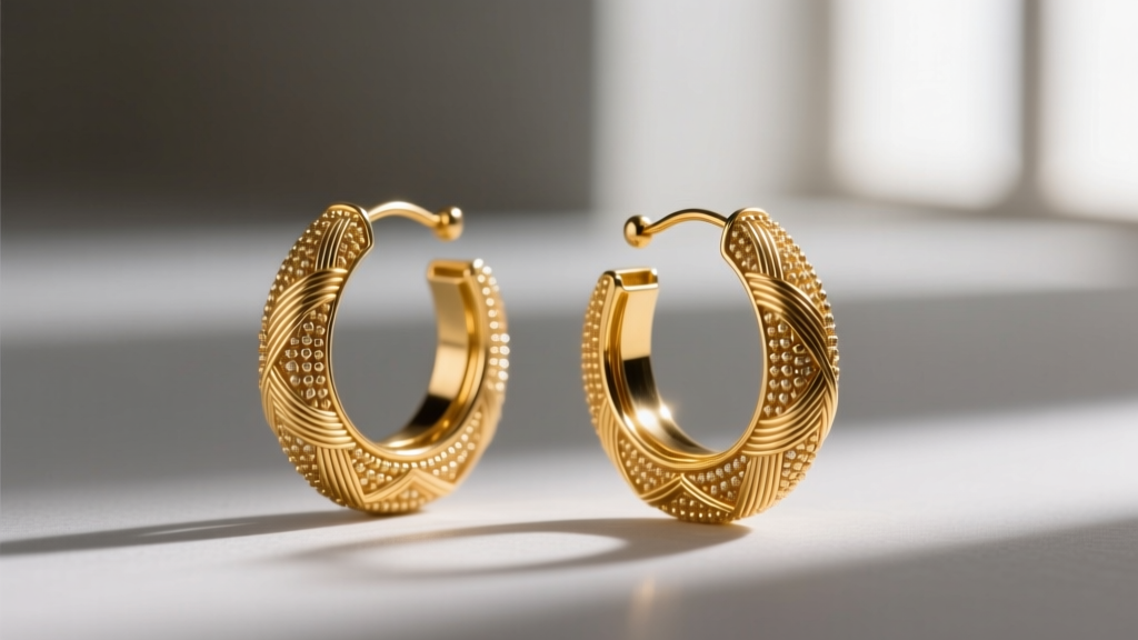 Close-up of Hellenistic gold hoop earrings with intricate granulation and thinner 14-gauge wire drawing in museum light.