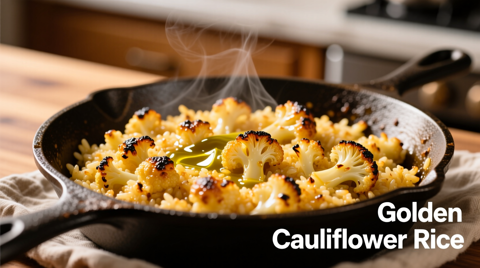 Perfectly cooked golden cauliflower rice in skillet