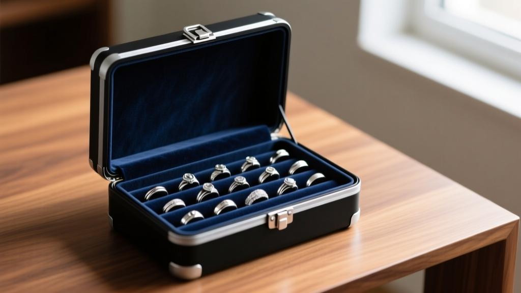 Matte-black aluminum toolbox jewelry box open on a wood desk, revealing velvet-lined tiers and neatly organized silver rings
