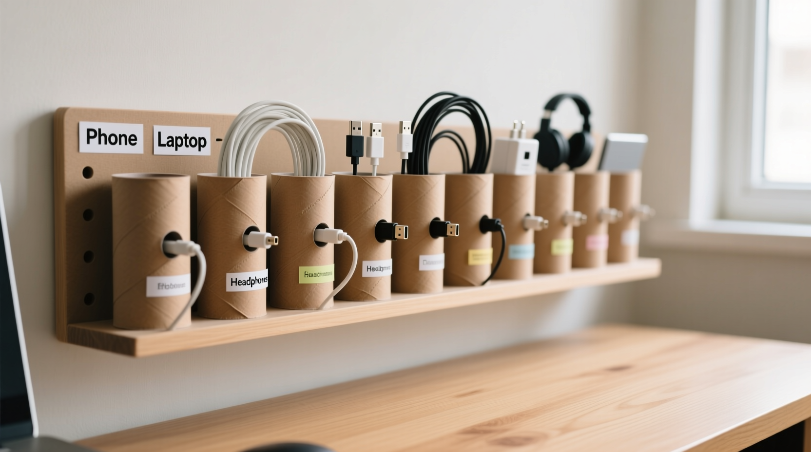 how to organize cables with toilet paper rolls cheap and effective