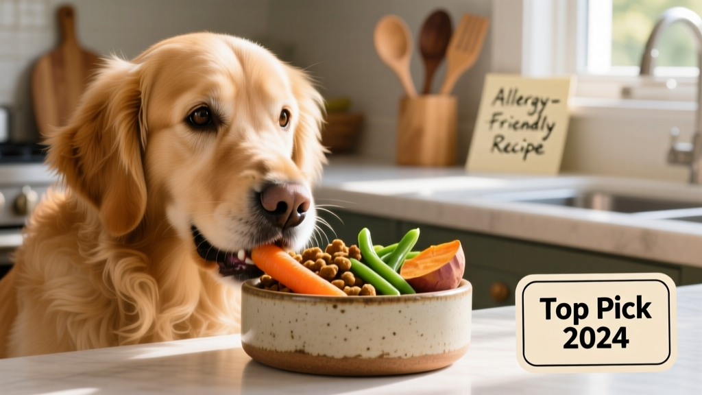 Close-up of a golden retriever happily eating from a ceramic bowl with fresh-looking kibble and steamed vegetables