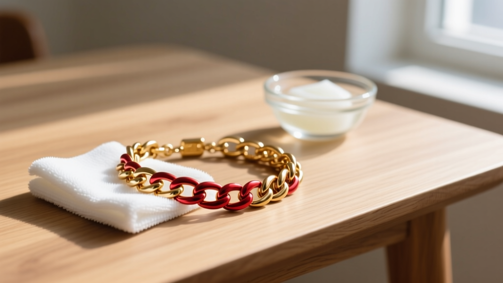 A soft microfiber polishing cloth gently wiping a red gold chain link bracelet on a light oak wooden table with mild soap nearby