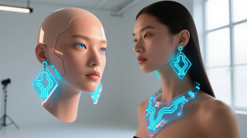 Digital avatar with glowing cyberpunk earrings beside a real model wearing a lightweight resin recreation of the same fantasy jewelry