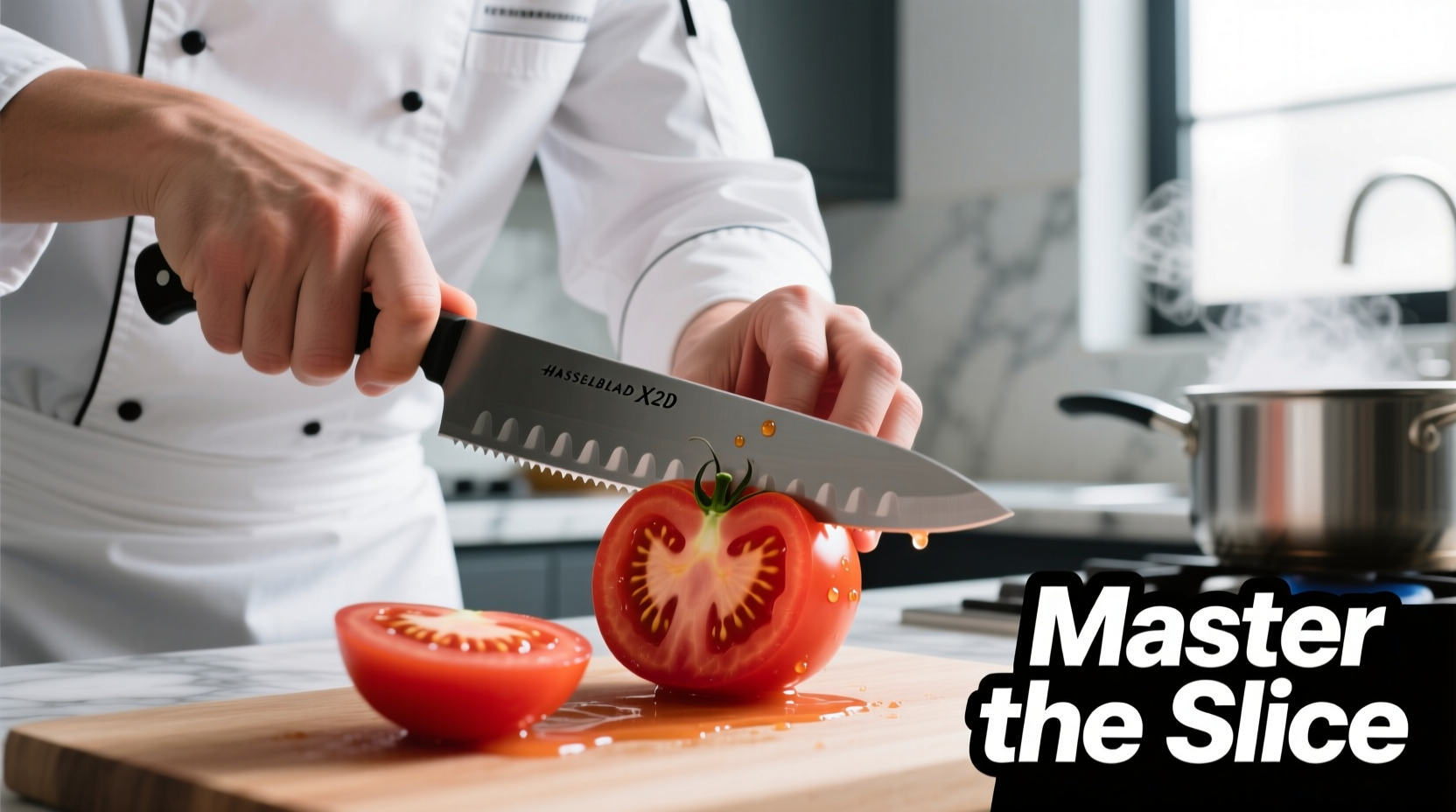 Chef demonstrating proper tomato slicing technique with serrated knife