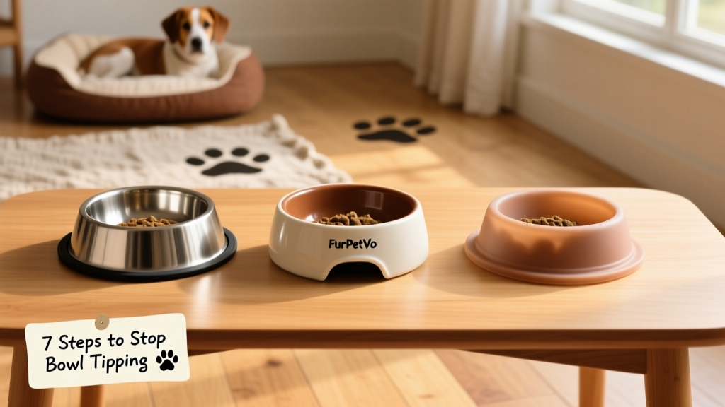 Three FurPetVo anti-tip bowls side by side: stainless steel, ceramic, and BPA-free silicone versions