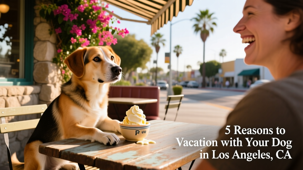 A mixed-breed dog sitting calmly beside a diner table at an outdoor restaurant, with a small bowl of dog-safe ice cream and a person smiling nearby