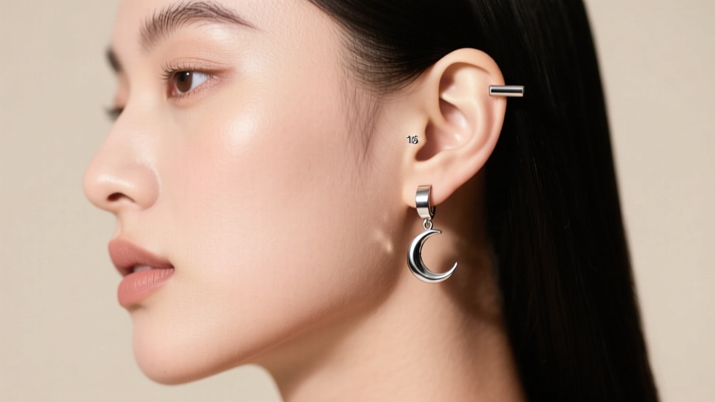 Side profile of a model wearing a flat-back 16g titanium planet earring in the upper helix cartilage with a tiny moon charm drop