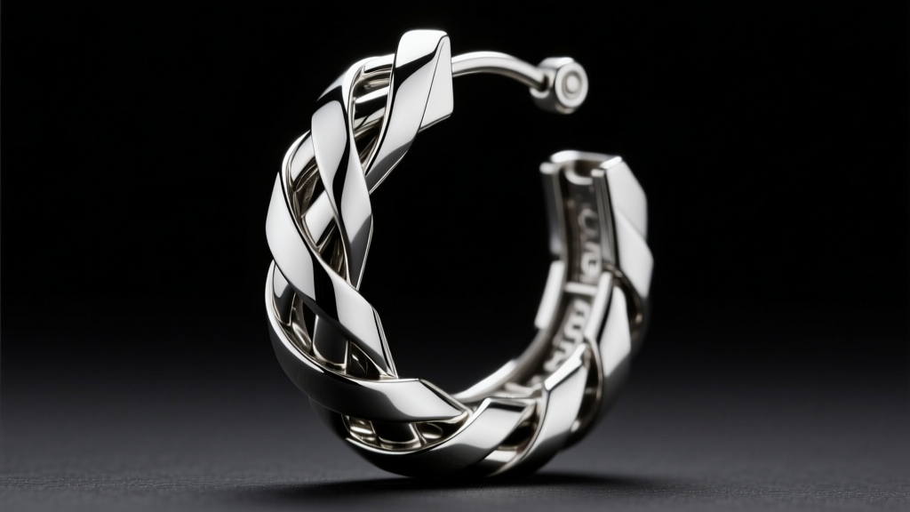 Close-up of Chrome Hearts hoop earring hinge showing interlocking metal grooves and post alignment under bright studio lighting