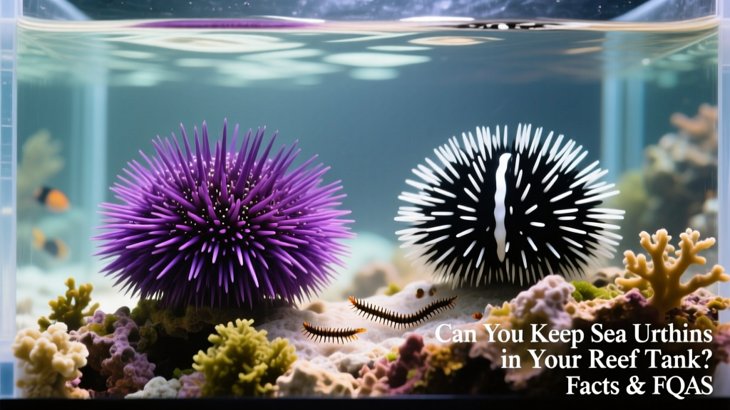 Side-by-side comparison of healthy purple and tuxedo sea urchins on a reef tank’s live rock base