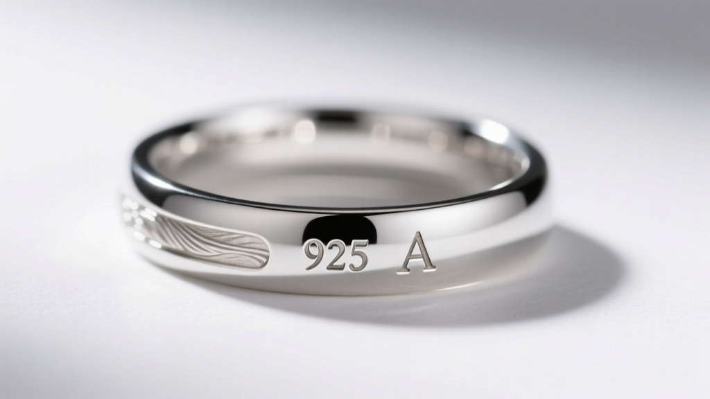 Macro photo of a sterling silver ring shank showing a crisp 925 stamp and a tiny letter A maker mark under soft studio light