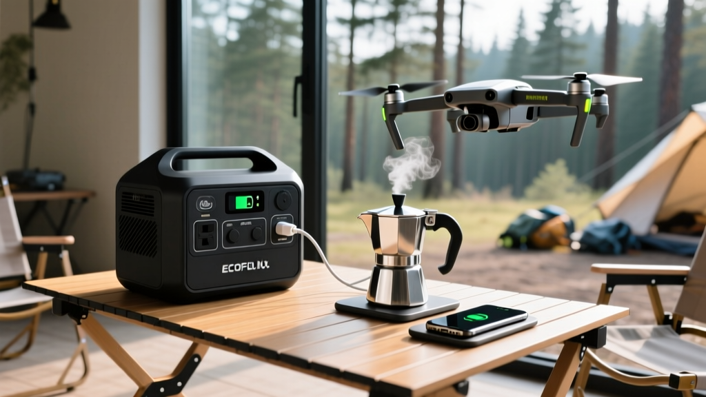 An EcoFlow DELTA Max portable power station sitting on a fold-out camp table next to a French press coffee maker, charging a drone and a smartphone simultaneously.