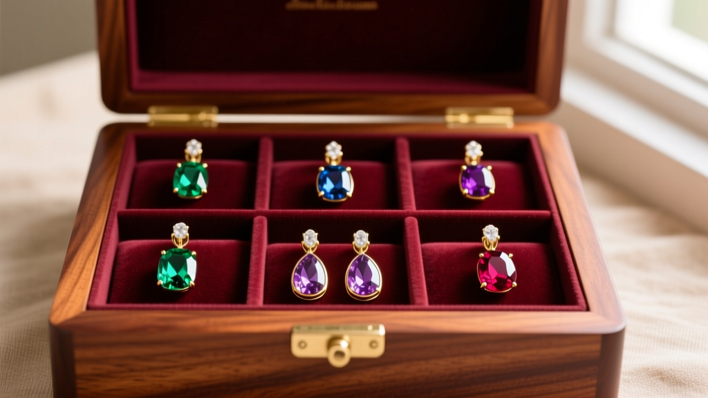Open mahogany jewelry box with velvet compartments, securely storing large gemstone drop earrings safely away from each other.