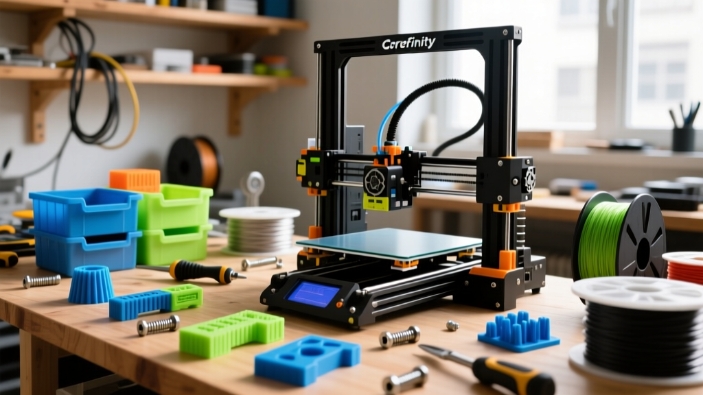 A cluttered maker workbench featuring functional 3D print gadgets like custom jigs, gridfinity bins, and a modern CoreXY 3D printer.