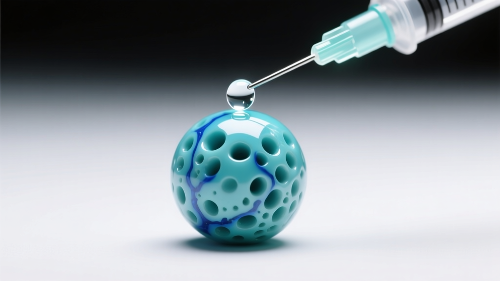 Porous turquoise bead treated with a micro-drop of clear resin from a precision syringe tip under a bright magnifying desk lamp.