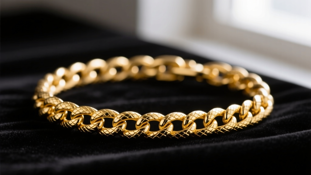 Close-up of a polished 14k yellow gold snake chain on dark velvet, reflecting soft light to reveal its smooth, scaly metal texture