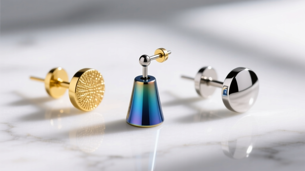 Macro shot of three hypoallergenic earring posts on white marble: anodized blue niobium, 14k yellow gold, and polished titanium.