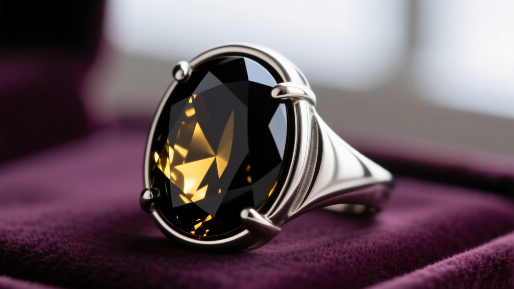 Macro photography of a polished golden sheen obsidian cabochon set in a thick sterling silver bezel ring on dark velvet