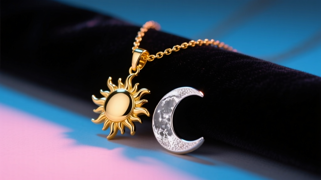 Macro shot of an 18k gold vermeil sun and moon pendant necklace resting on dark velvet with moody Y2K lighting and sharp focus.