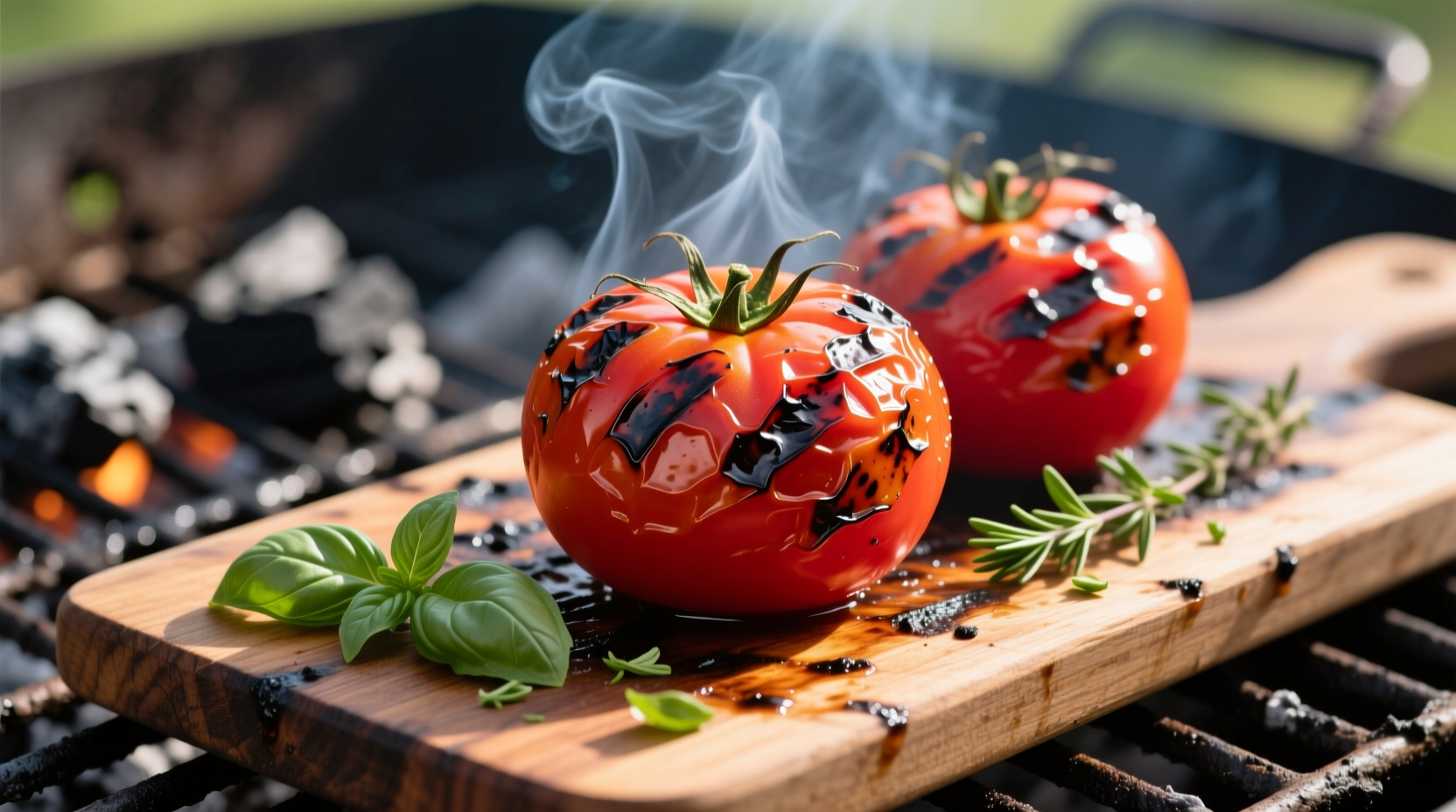 Grilled tomatoes with char marks on barbecue