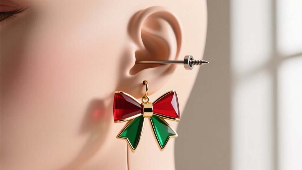 Side view of an 18-gauge titanium post and screw-back on a lightweight resin holiday bow earring attached to a mannequin earlobe.