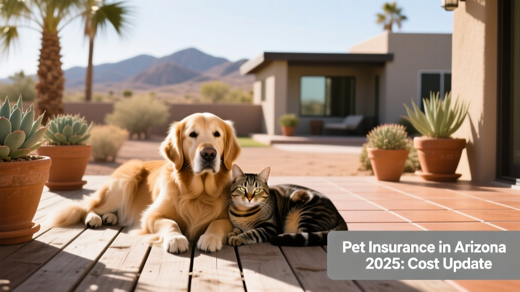 A happy dog and cat resting side by side on a sunlit Arizona patio