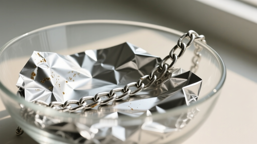Close-up of a tarnished 925 sterling silver chain resting on crumpled aluminum foil inside a glass bowl, soft natural lighting.