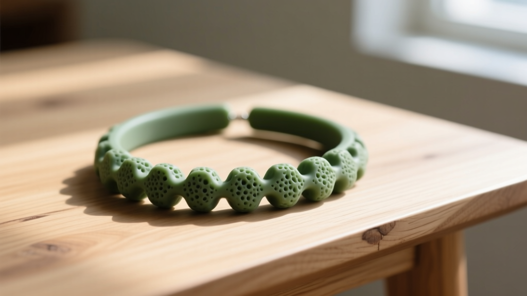 Macro shot of a textured matte silicone chewable necklace in sage green resting on a light oak table under soft sunlight.