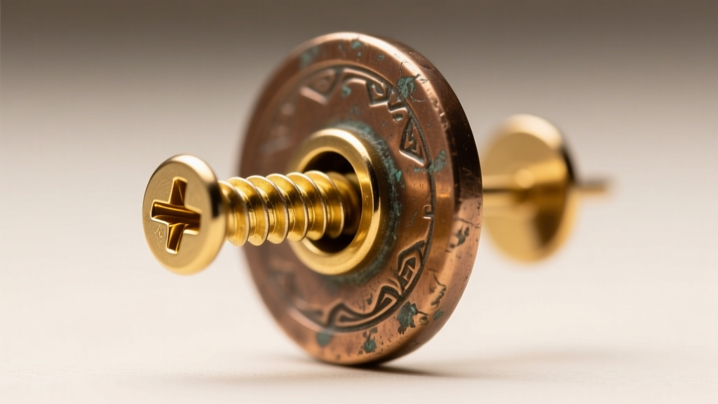 Macro shot of an 18-gauge gold screw-back post on a heavy bronze face earring, highlighting the secure locking mechanism details