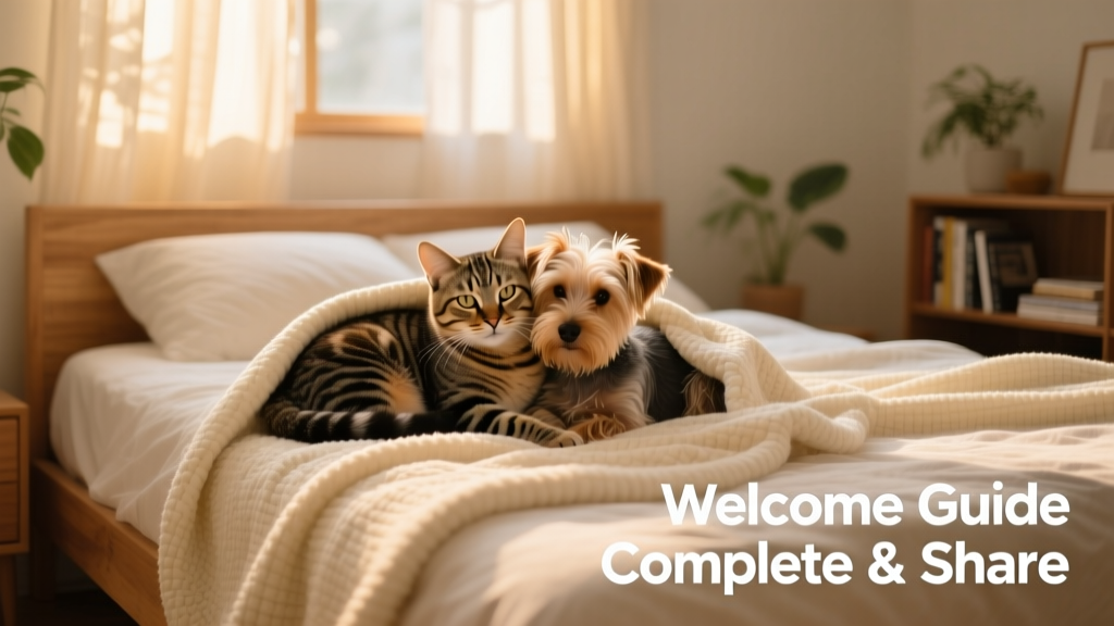 Tabby cat and small terrier dog snuggled together under a cozy blanket on a bed