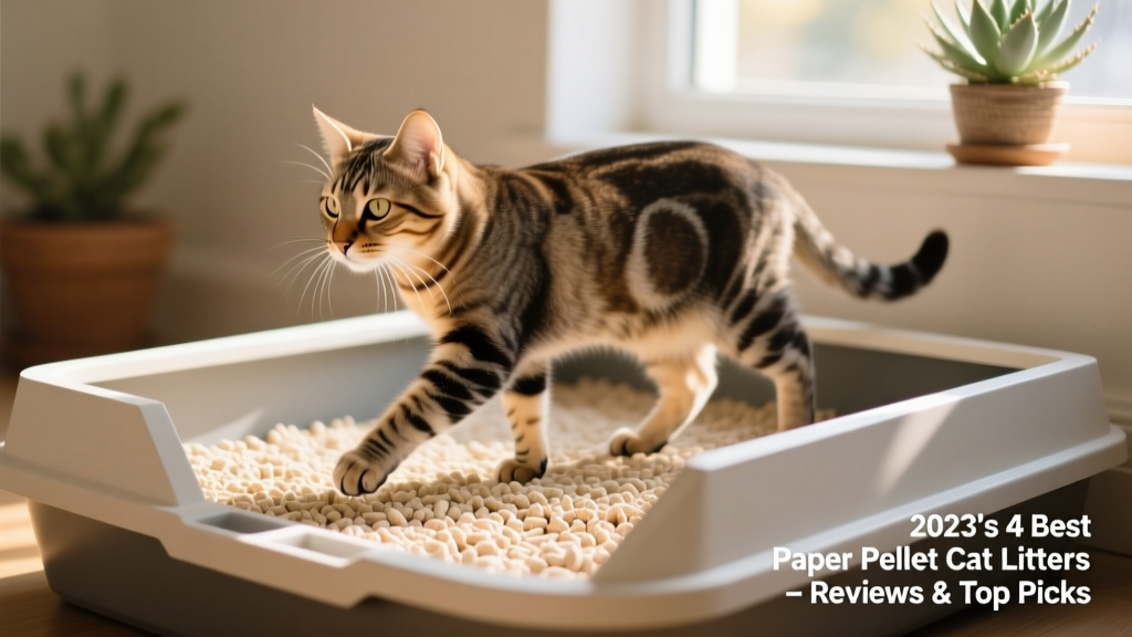 A cat stepping confidently across a layer of light-colored paper pellet litter in a modern litter box