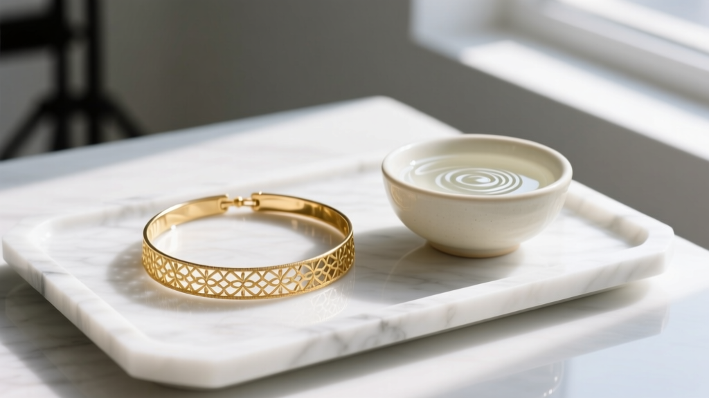 A delicate 14k gold collarbone necklace resting on a white marble tray next to a small ceramic bowl filled with mild soapy water