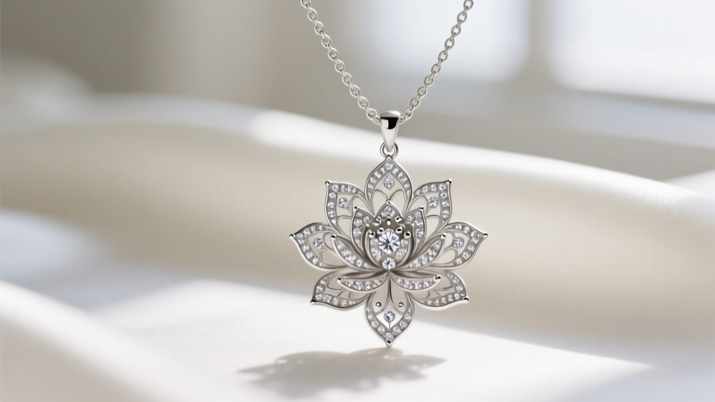 Close-up of a platinum lotus filigree pendant with micro-pave diamonds on a delicate chain resting on blurred white silk