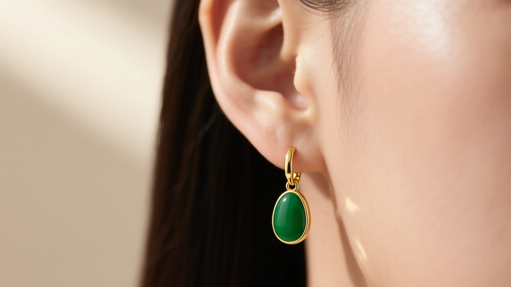 Close-up of an ear wearing an olive green enamel and 14k gold drop earring, soft natural sunlight, neutral beige background.