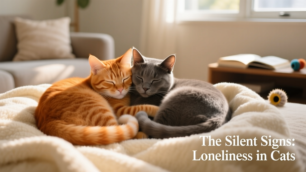 Two cats curled together peacefully on a soft blanket, one orange and one gray