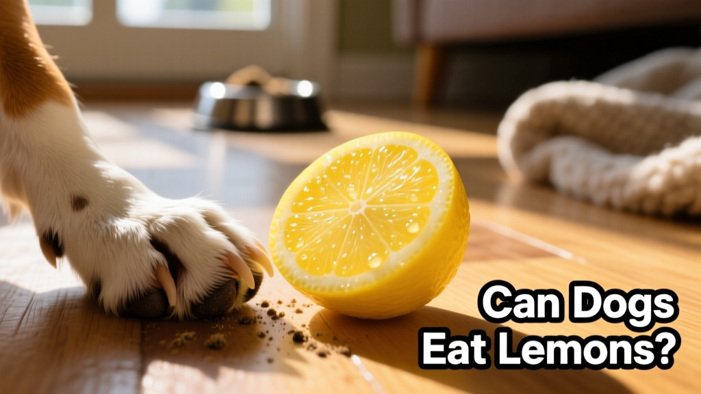 Close-up of a bright yellow lemon slice next to a dog’s paw, illustrating the contrast between human food and pet safety