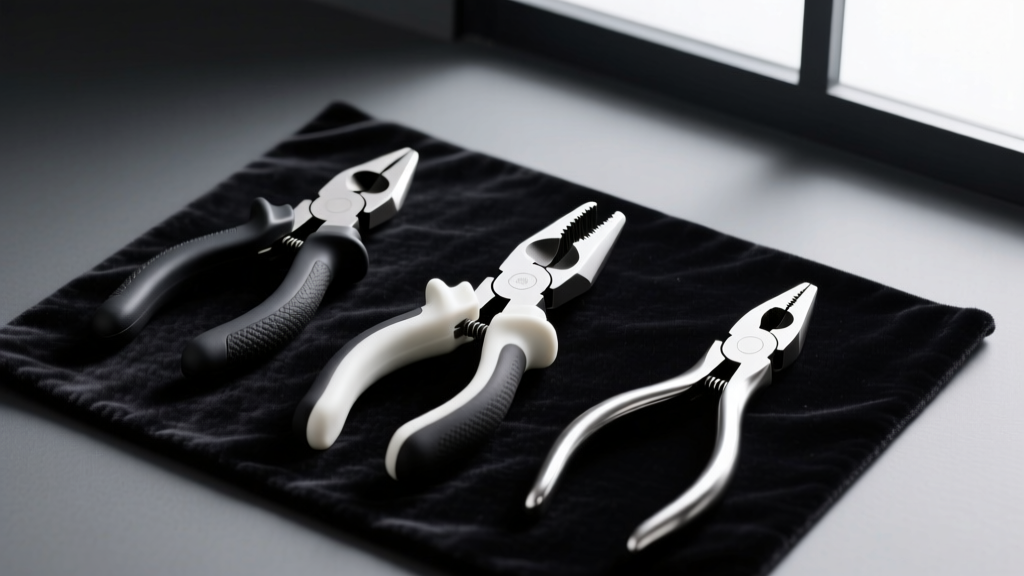 Top-down view of nylon jaw, rubber-coated, and bare steel jewelry needle nose pliers resting on a dark velvet mat in a clean studio